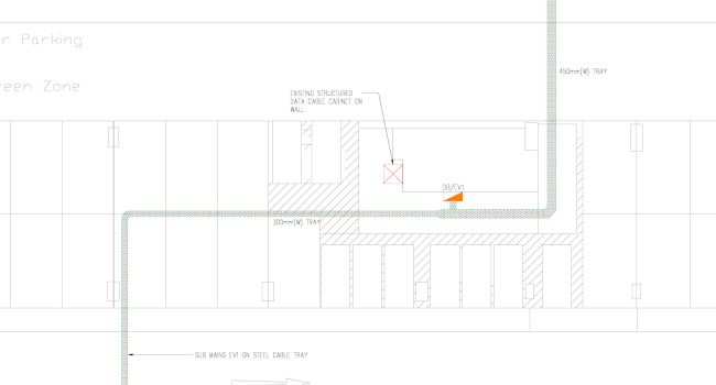 Electrical layout drawing showing the proposed EV charger infrastructure at Intu Victoria Centre’s Green Zone car park, detailing containment routes, distribution boards, and charger locations.