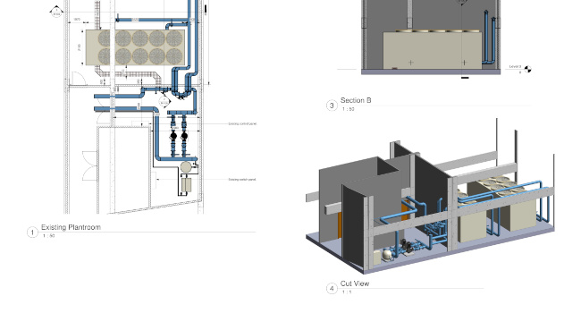 3D model of the existing North chiller plantroom at Intu Victoria Centre, illustrating legacy Trane chillers, pipework configuration, and spatial constraints before refurbishment.