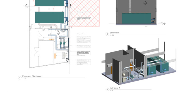 Rendered 3D view of the refurbished plantroom design featuring Daikin packaged chillers, new Grundfos pump sets, side stream filtration, and updated control panel positions.