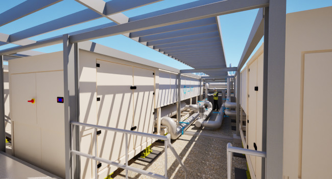 3D Render of New ASHP and Pipework connections on Roof.
