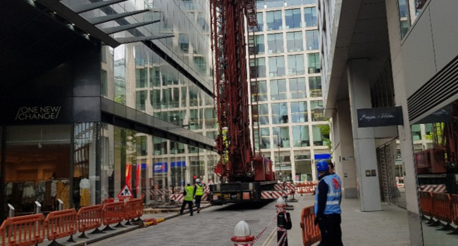 Photo of crane setting up for plant replacment lifts.